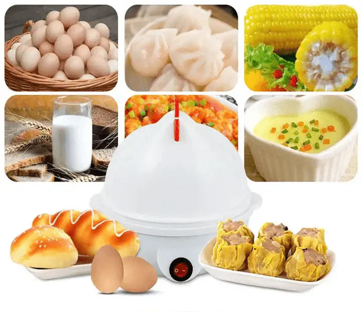 Collage of various food items including eggs, dumplings, and a white appliance.