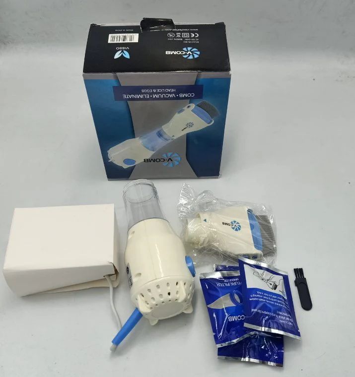 Head Lice Comb device with accessories and packaging on a white background