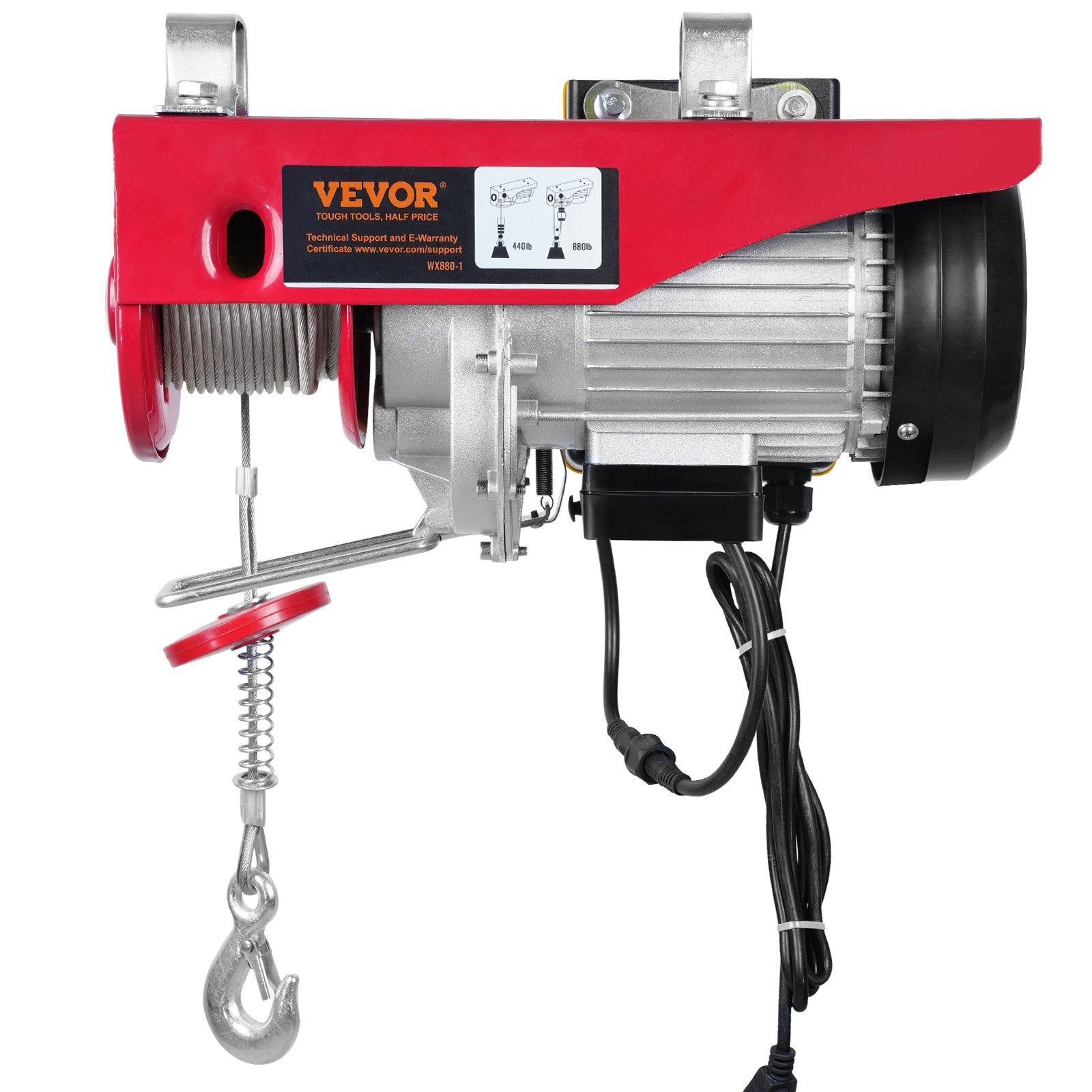 Red Vevor electric hoist on a white background