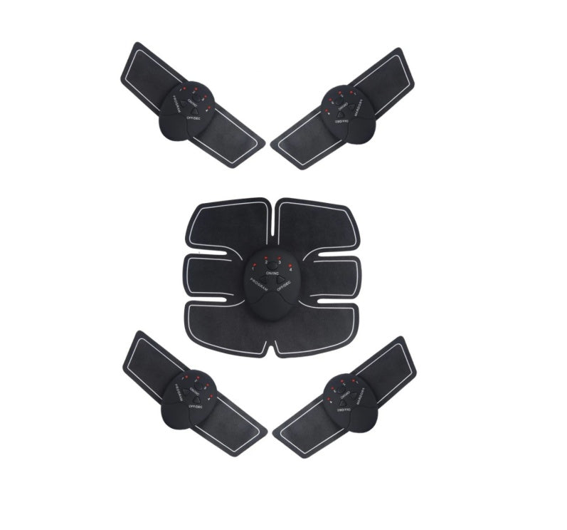 Black electronic muscle stimulator pads on a white background