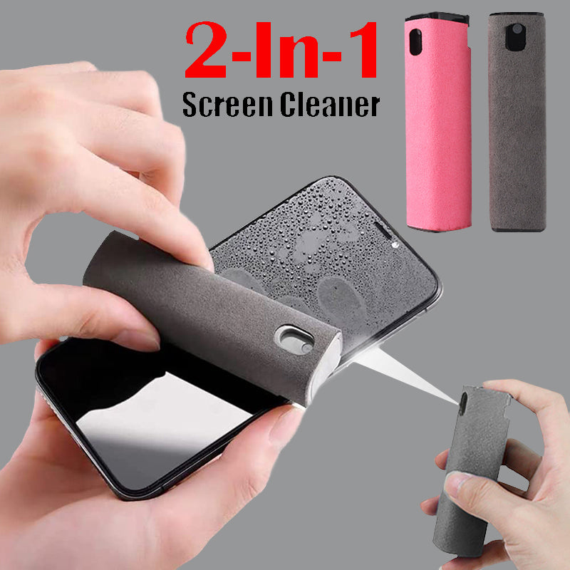 2-in-1 screen cleaner being used on a smartphone with additional cleaning tools shown.