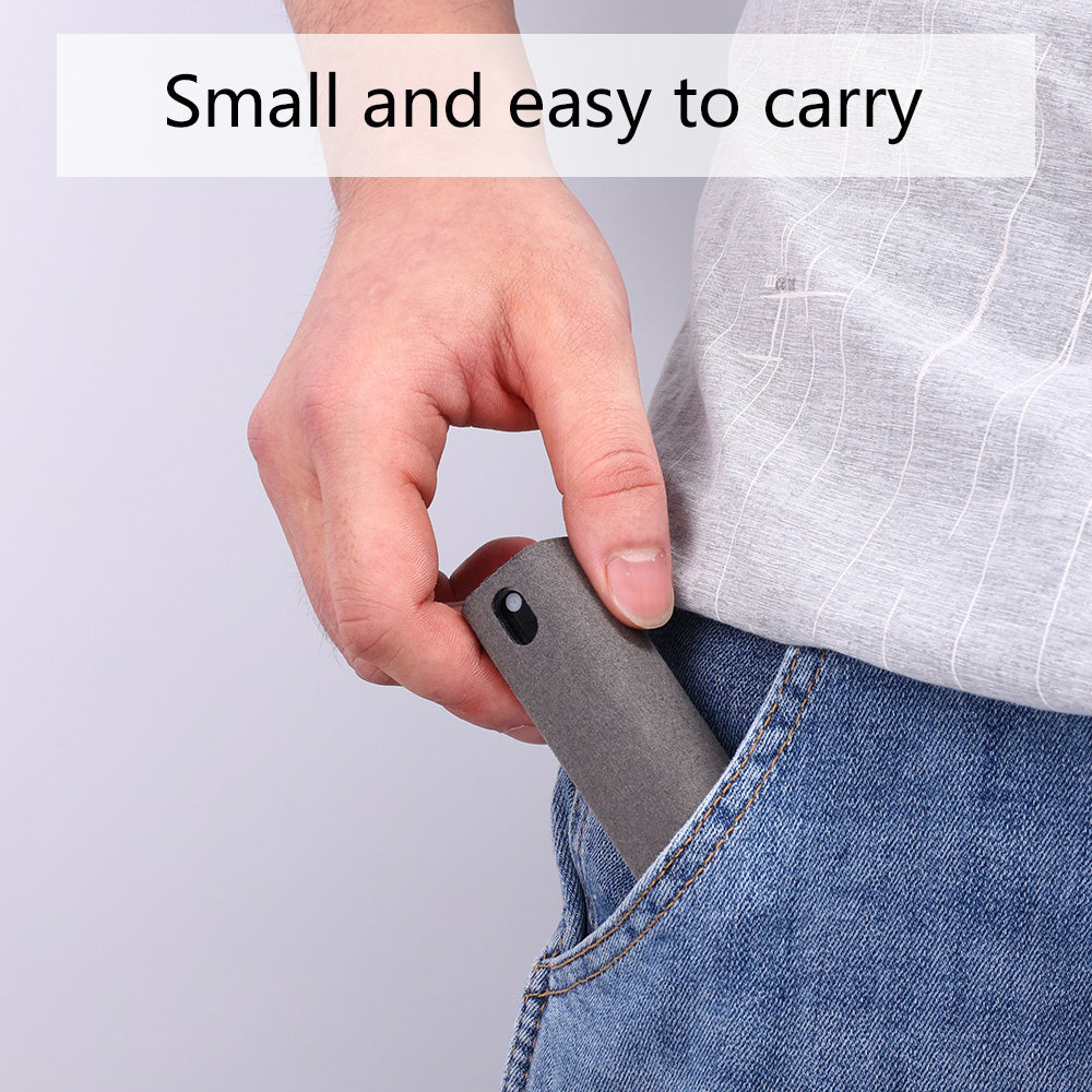 Hand holding a small gray device, with text 'Small and easy to carry' on a light gray background.