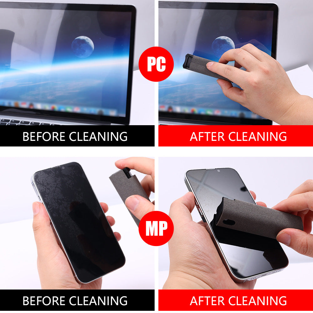 Before and after cleaning comparison of a laptop and smartphone screen with cleaning tools.