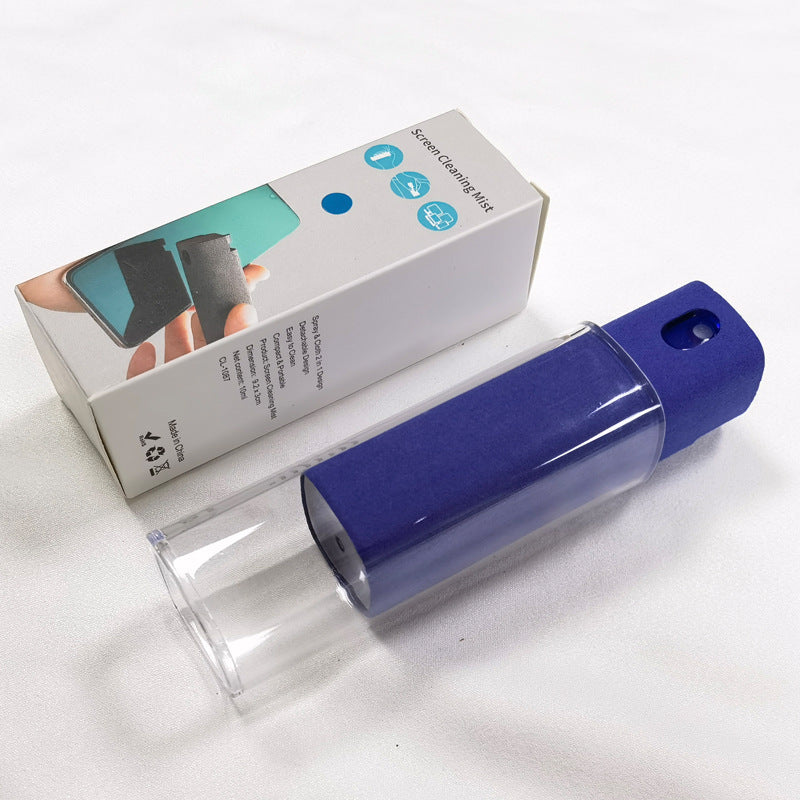 Blue screen cleaning device with clear stand and packaging on a white background