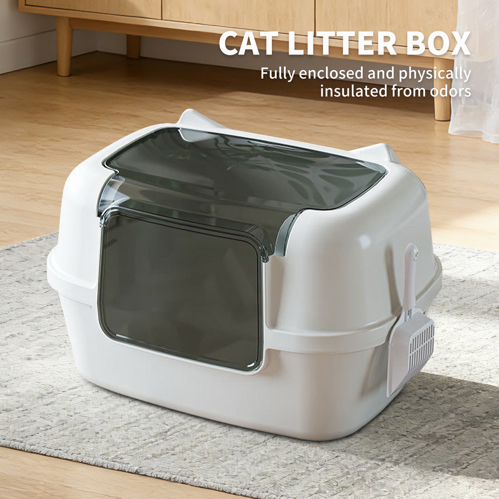 Large Nova Mart enclosed cat litter box with cat ear design, scoop, litter mat, anti-splash, anti-tracking, odor locking for big cats.