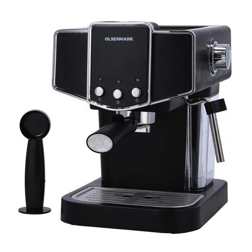 Black espresso machine with control panel on a white background