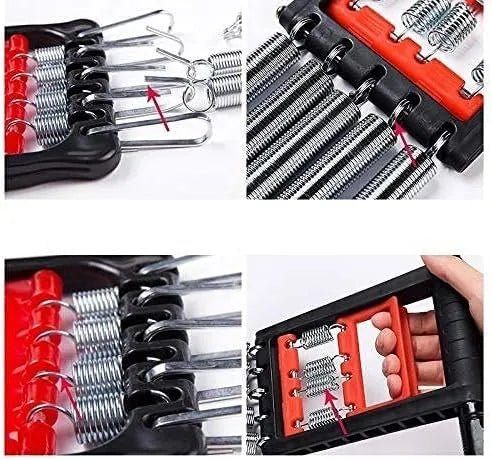 Set of spring tools with red accents in a black case, shown from different angles.