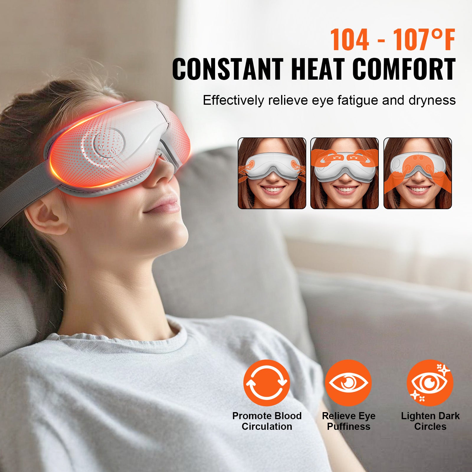 Person wearing an eye mask with heat therapy, shown with text about constant heat comfort and benefits.