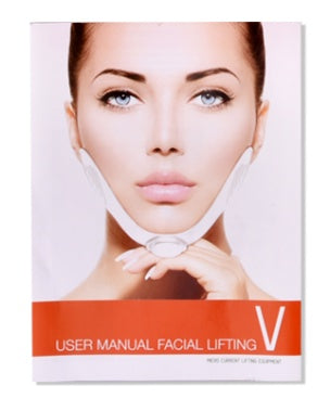 Product packaging for facial lifting device with a user manual on a white background