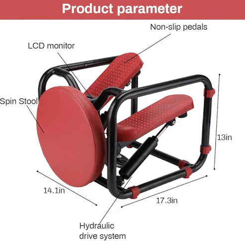 Red exercise bike with labeled parts and dimensions on a white background