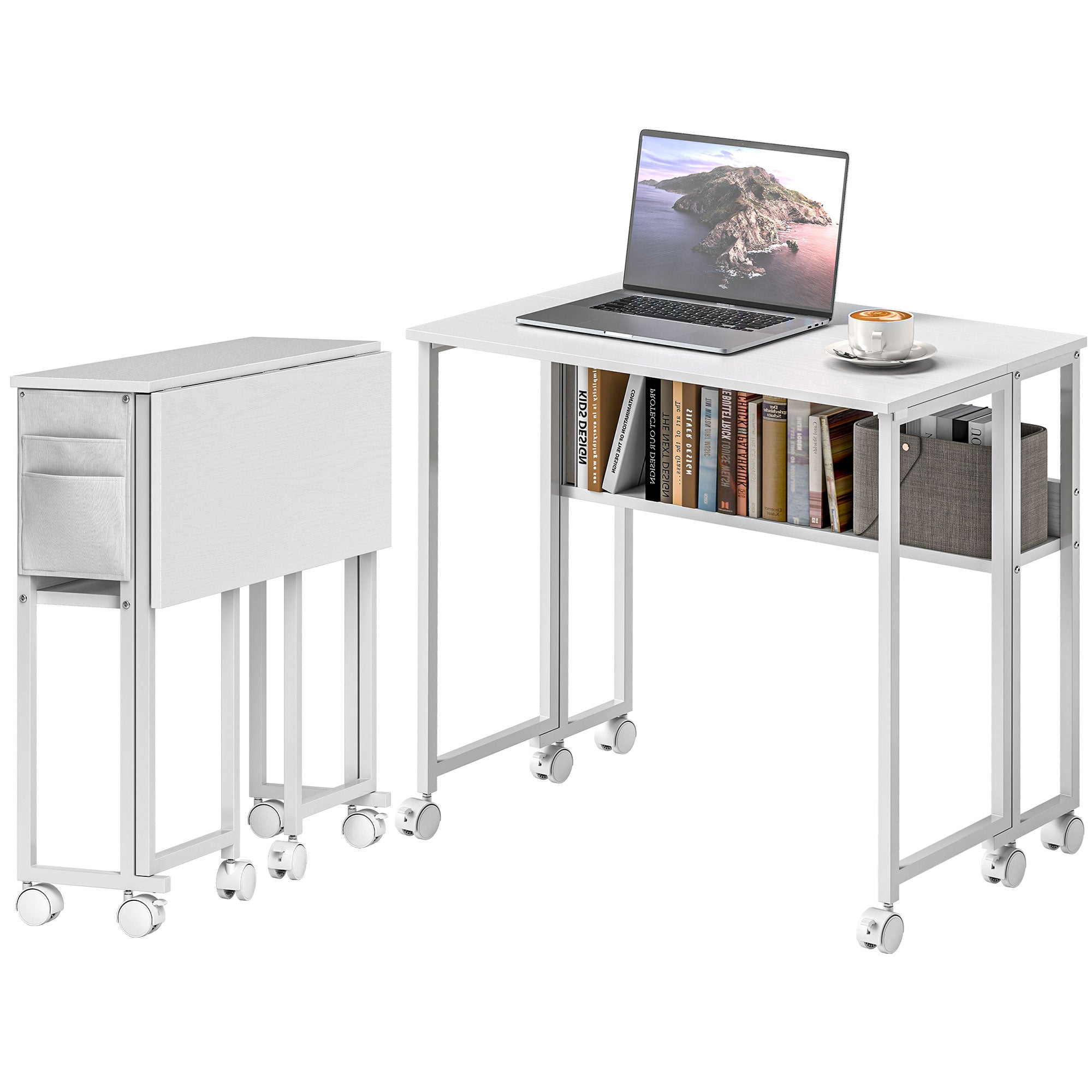 White folding table with a laptop and books on a white background