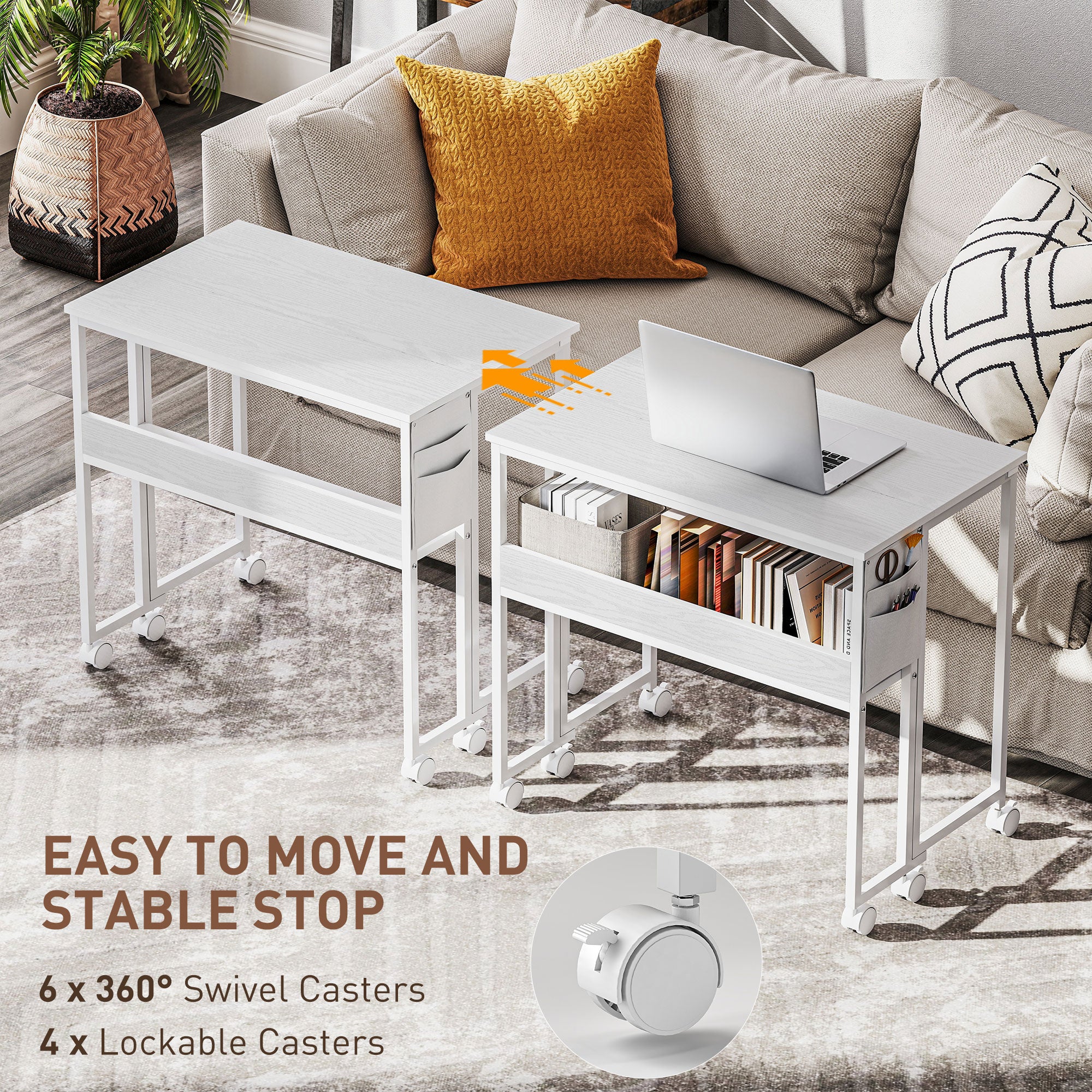 White nesting tables with swivel and lockable casters in a living room setting.