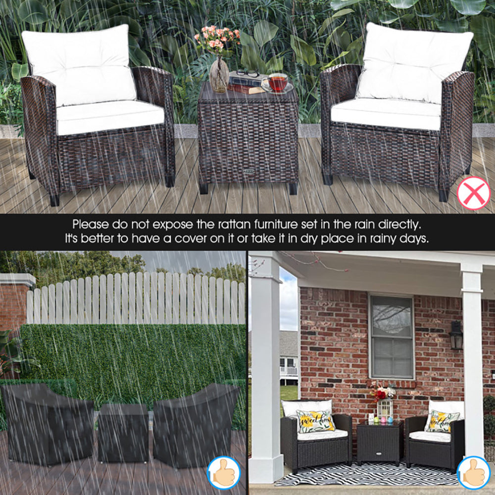 Outdoor furniture set with wicker chairs and a table on a wooden deck, surrounded by rain and covered with a cover.