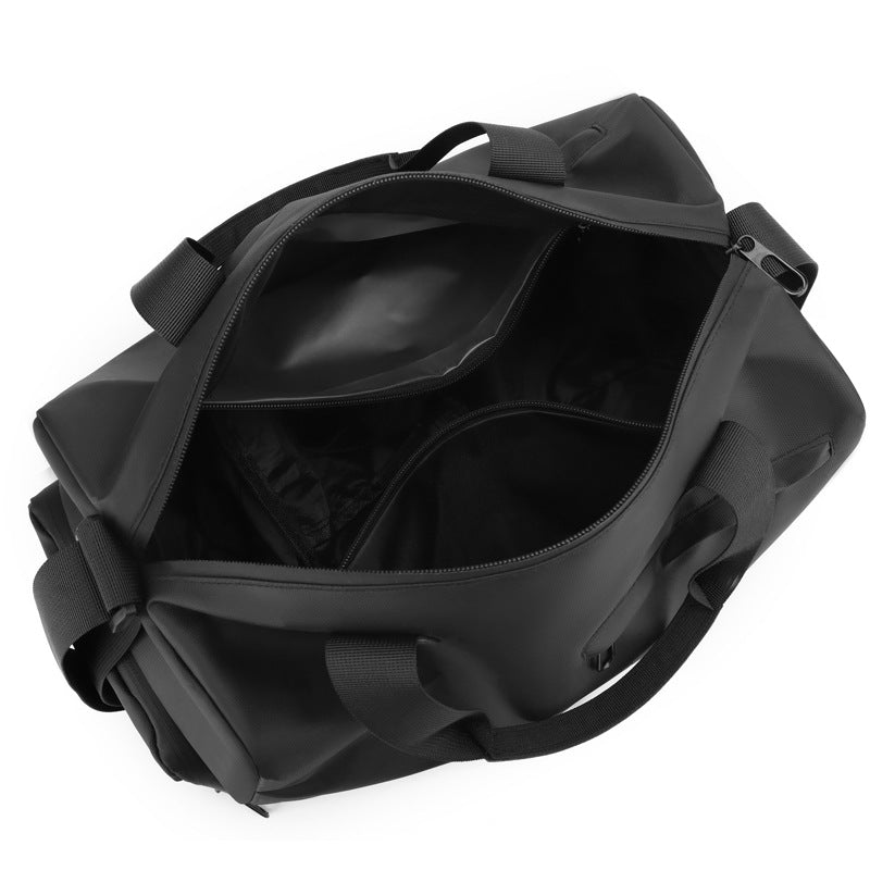 Black duffel bag on a white background