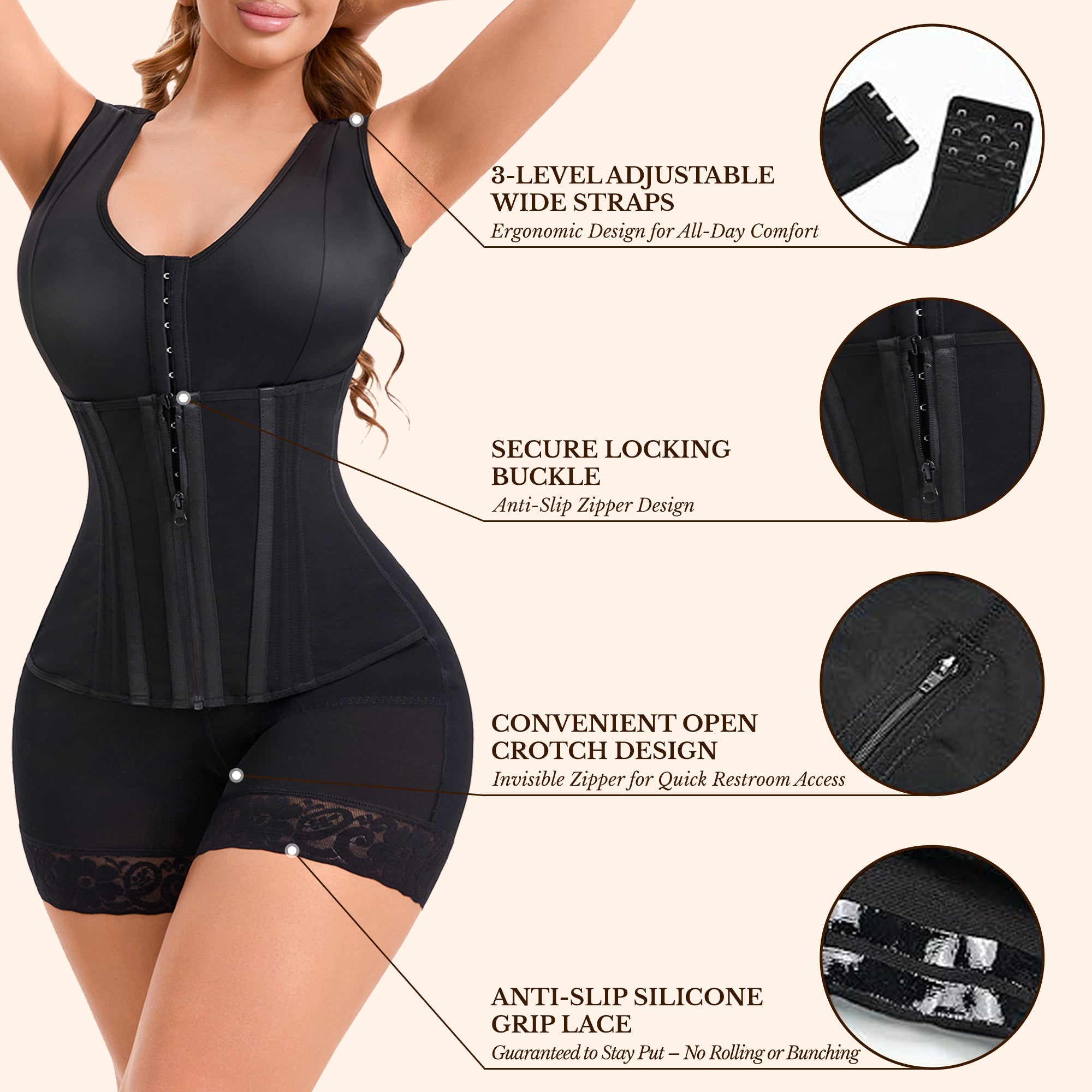 Black waist trainer with features highlighted on a beige background