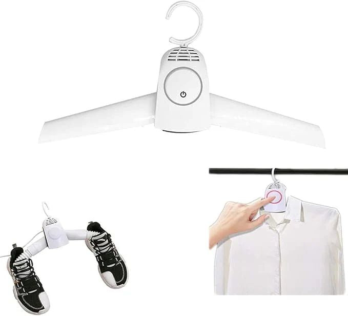 Hanger with dryer element attached, showing a hand holding a garment and a shoe.