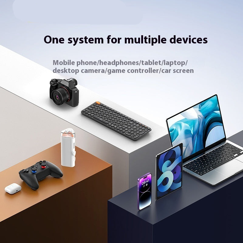 Collection of electronic devices including a laptop, smartphone, gaming controller, and camera on a modern desk setup.
