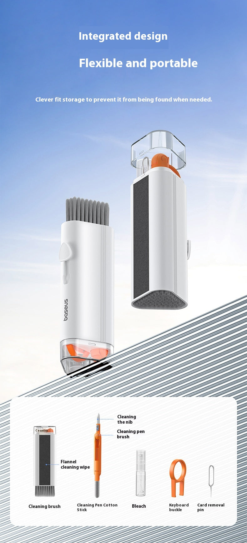 Cleaning brush and black component with text on a blue gradient background