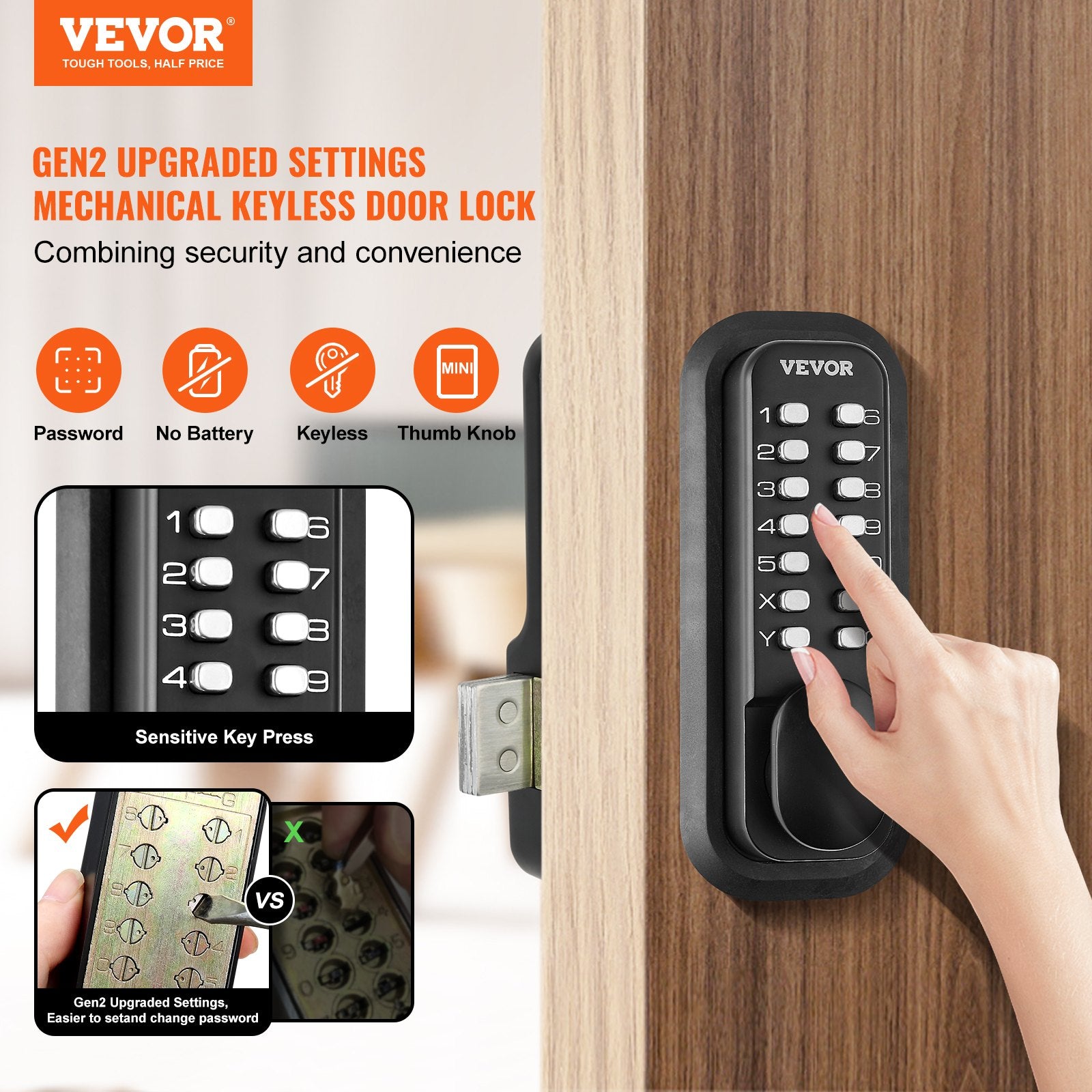 Vevor mechanical keyless door lock with digital keypad on a wooden door, featuring the brand logo and product features.