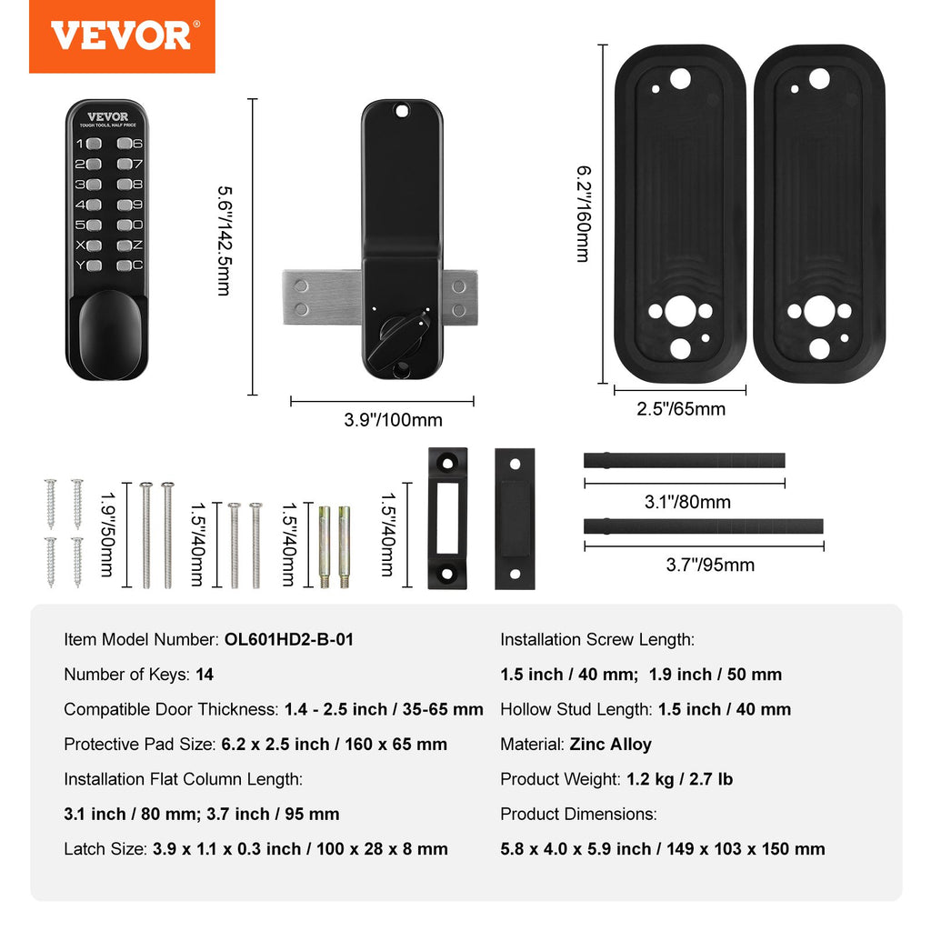 Vevor electronic door lock set with dimensions and specifications on a white background