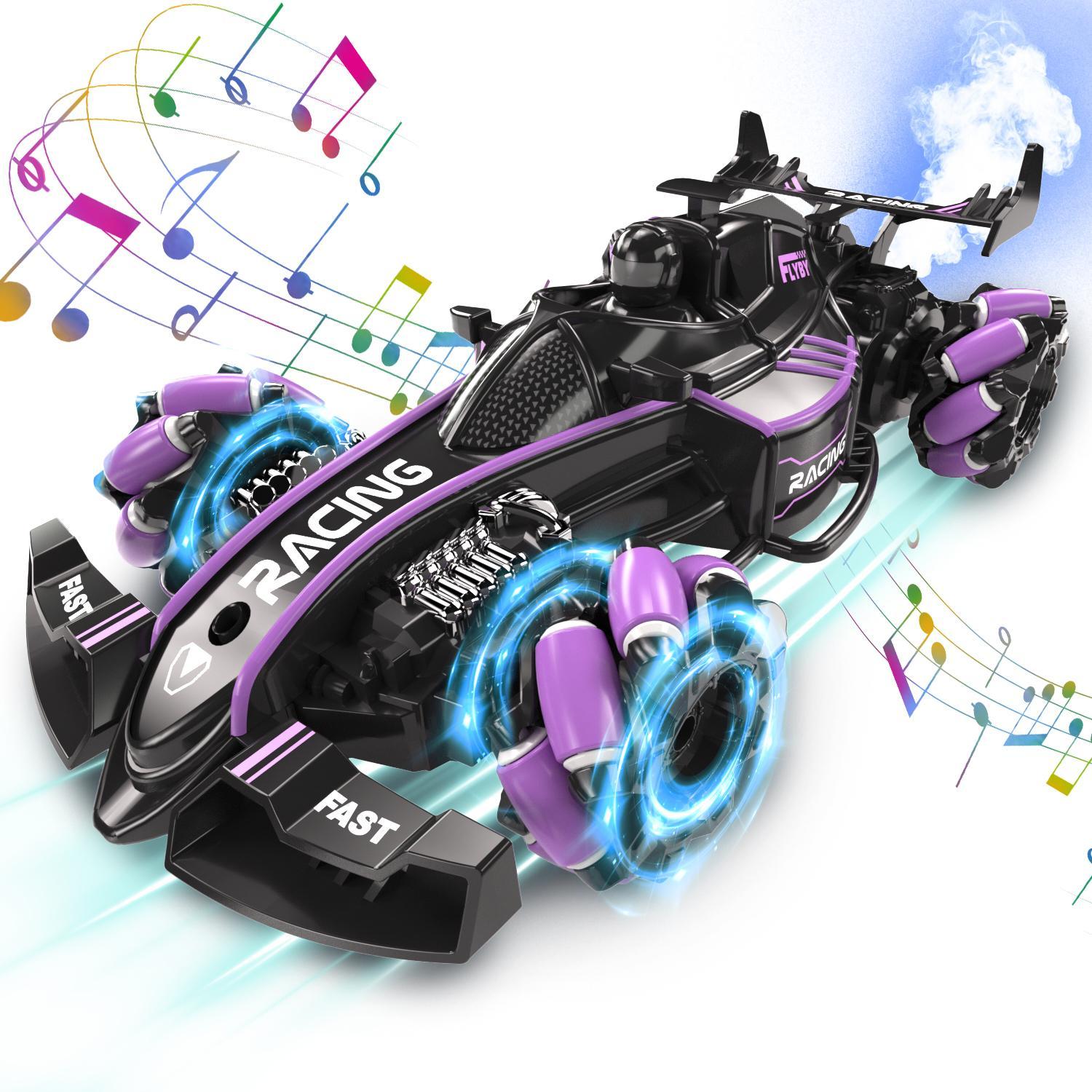 Toy car with racing design and musical notes on a white background