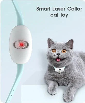 Smart laser collar cat toy with a cat wearing a collar on a light blue background
