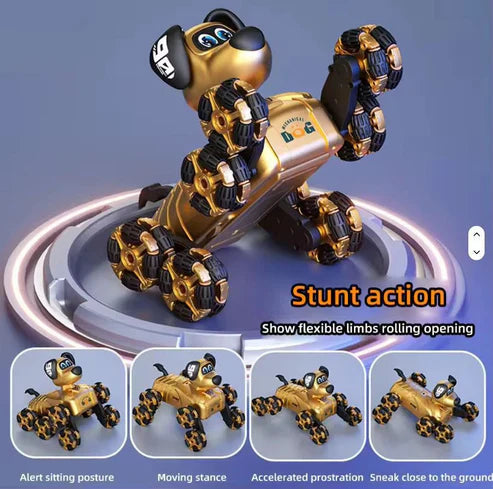 Gold and black robot dog toy with flexible limbs on a blue background