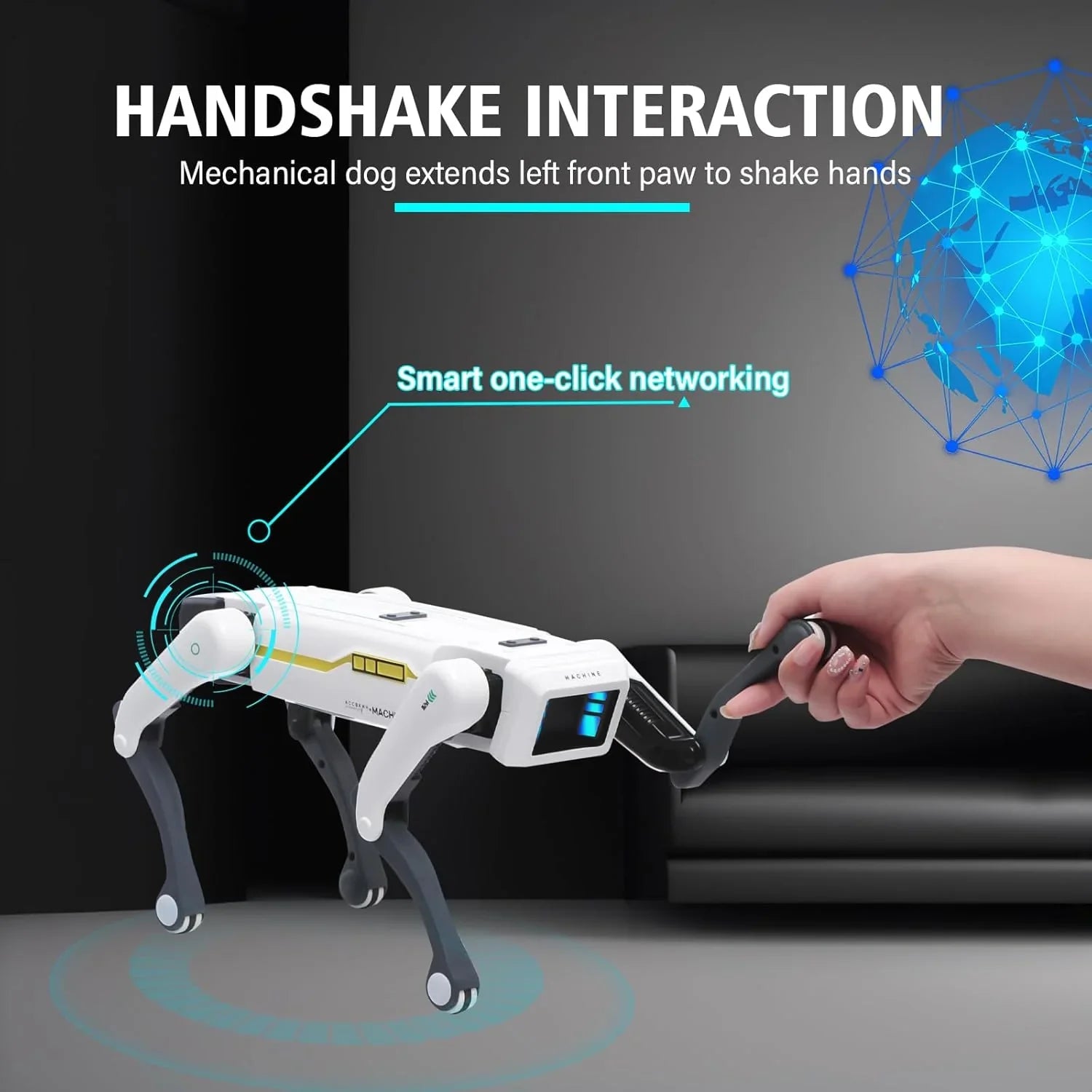 Mechanical dog with handshake interaction feature on a gray background