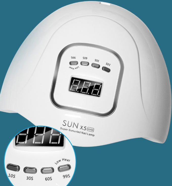 White nail lamp with digital display on a blue background