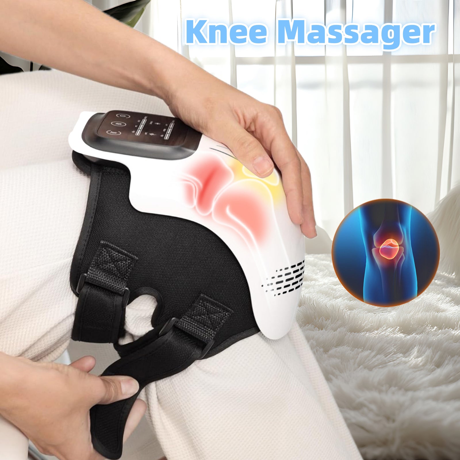 Infrared Laser Knee Massager by Nova Mart showing a black electric knee pain relief device with adjustable straps on a white background.