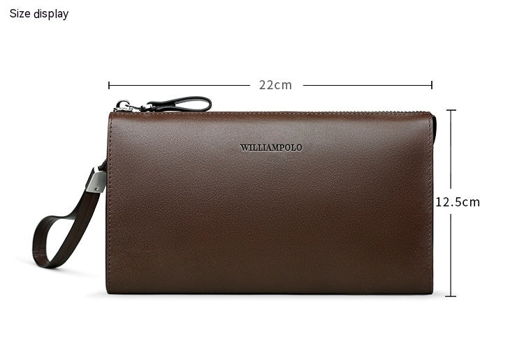 Brown leather clutch bag with 'WILLIAMPOLO' branding and measurements on a white background
