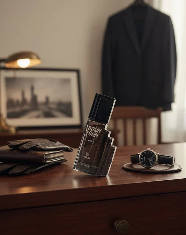Perfume bottle labeled 'Down Town' on a wooden surface with a suit and watch in the background.