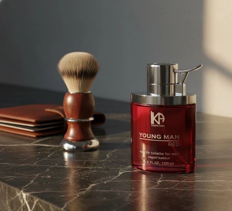 Red perfume bottle labeled 'KA Young Man Red' next to a shaving brush on a dark surface.