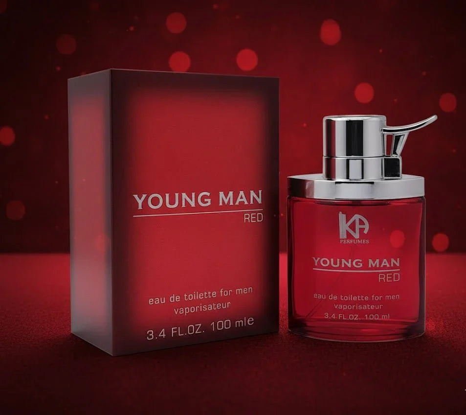 Red perfume bottle and packaging with 'Young Man Red' branding on a red background