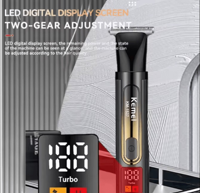 Kemei hair trimmer with LED digital display screen on a gray background