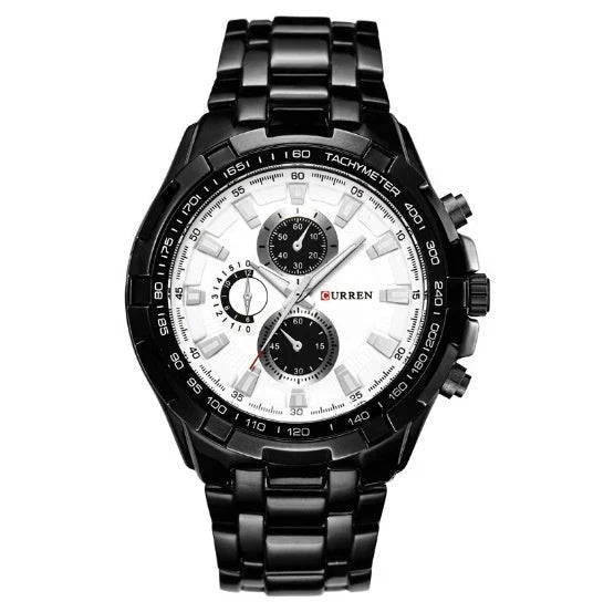 Black wristwatch with a white face on a white background