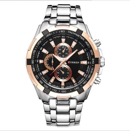 Silver and rose gold watch with black dial on a white background