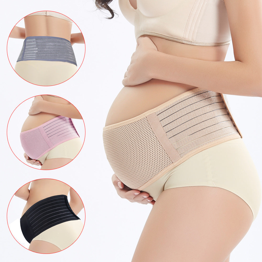 Pregnant woman wearing a beige maternity support belt with inset images of other color options.