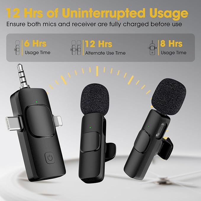 Wireless microphone system with charging time and usage time indicators on a gray background