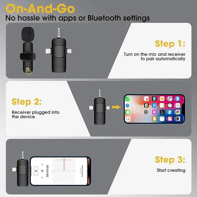 Step-by-step guide for using a wireless microphone system on a gray background