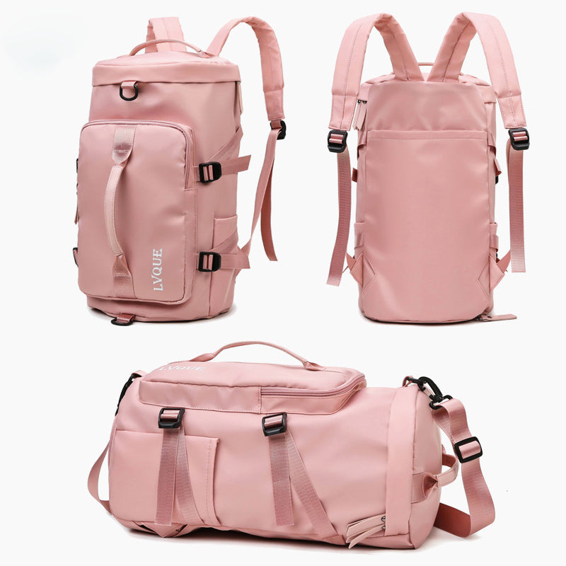 Pink backpack and duffel bag with visible brand name on a white background