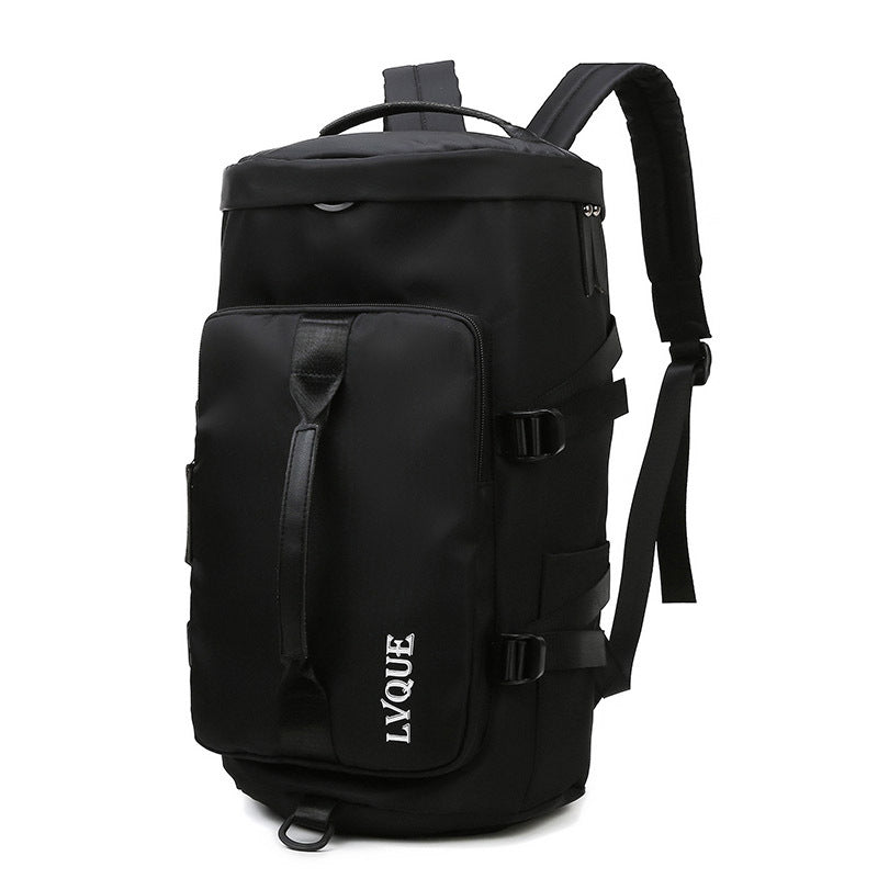 Black backpack with visible brand name on a white background