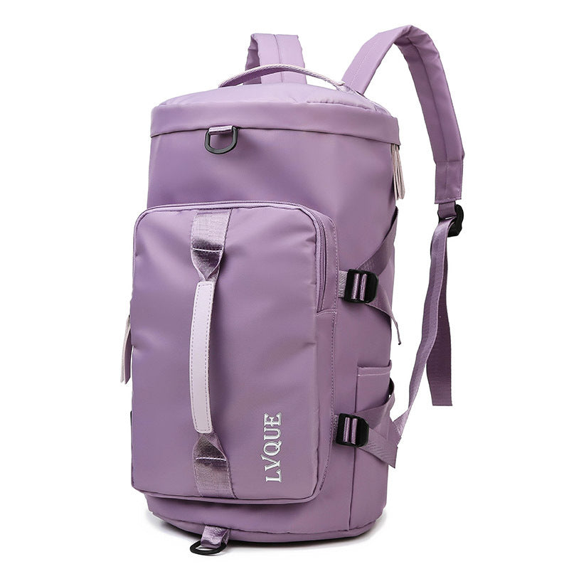 Purple backpack with 'LVQUE' branding on a white background