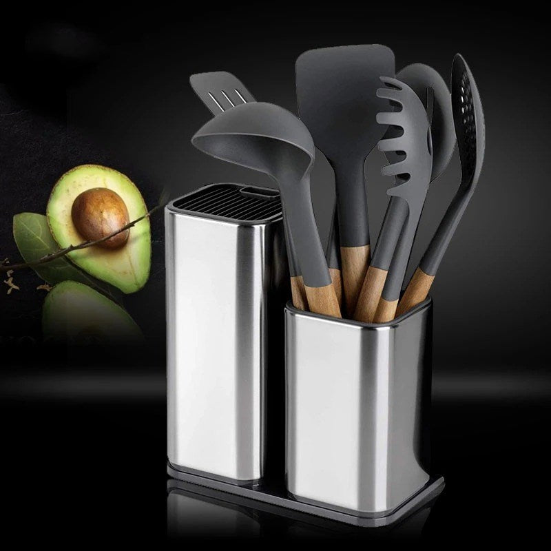 Nova Mart multifunctional kitchen knife holder and cutlery storage rack holding knives and utensils on a countertop.