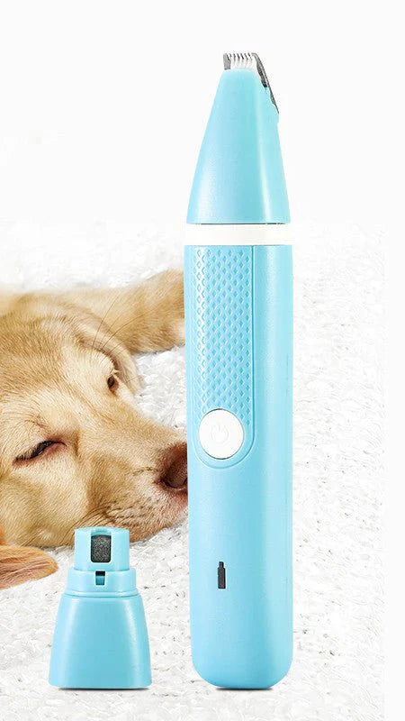 Blue pet grooming tool with a dog in the background