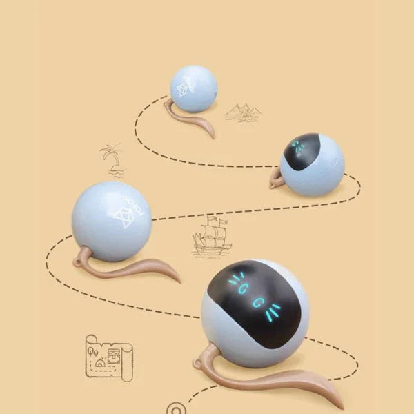 Three spherical robots with worm-like appendages on a beige background