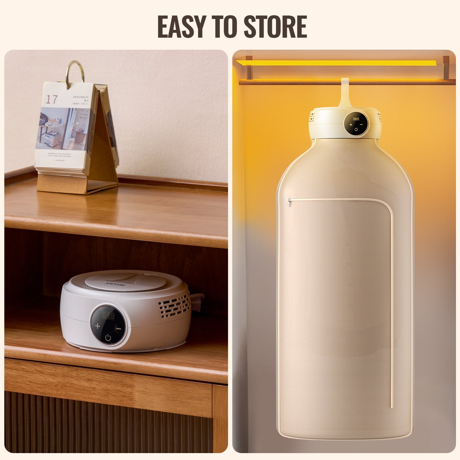 Small white device on a wooden shelf with a beige bottle on a gradient background.