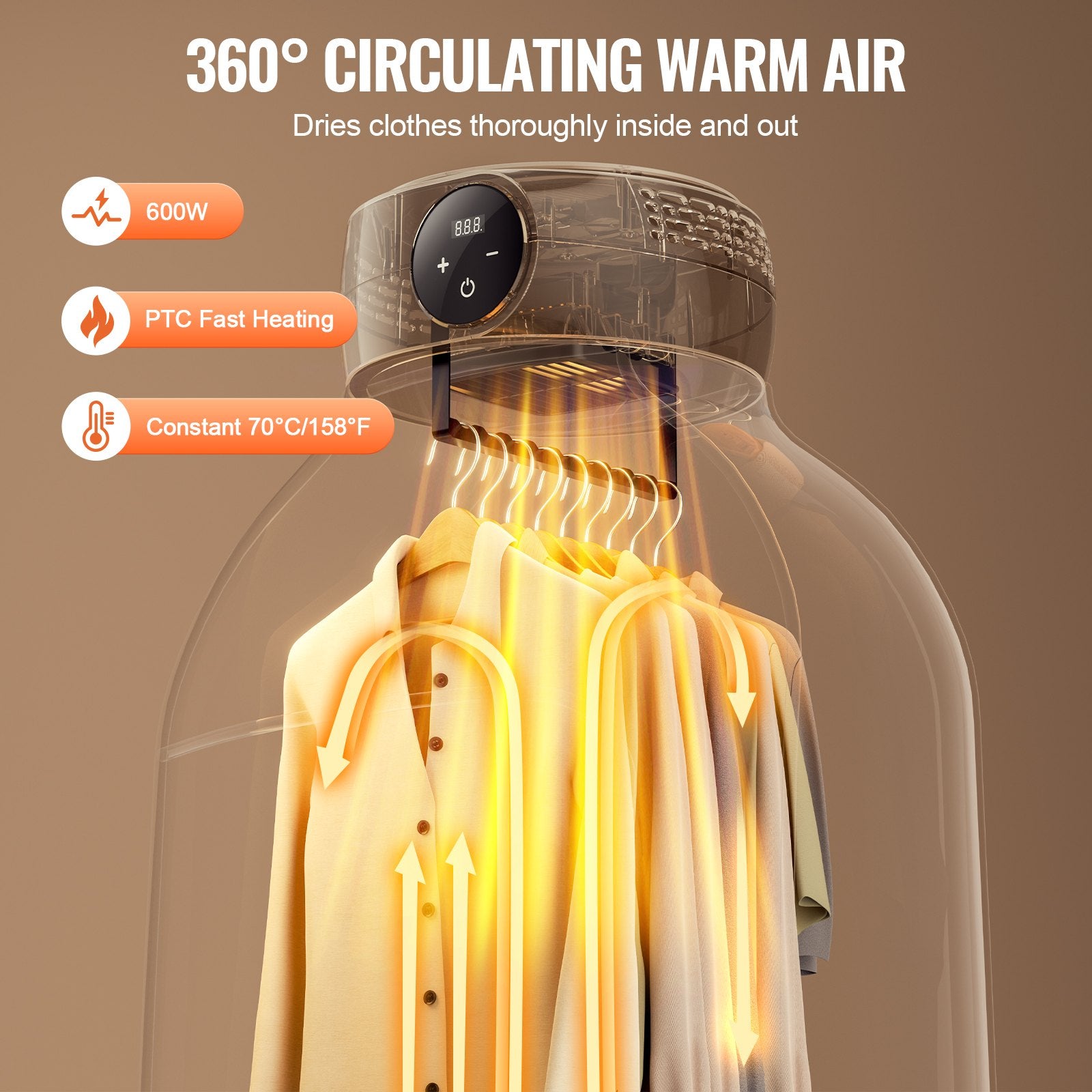 Clothes dryer with 360-degree circulation of warm air on a brown background