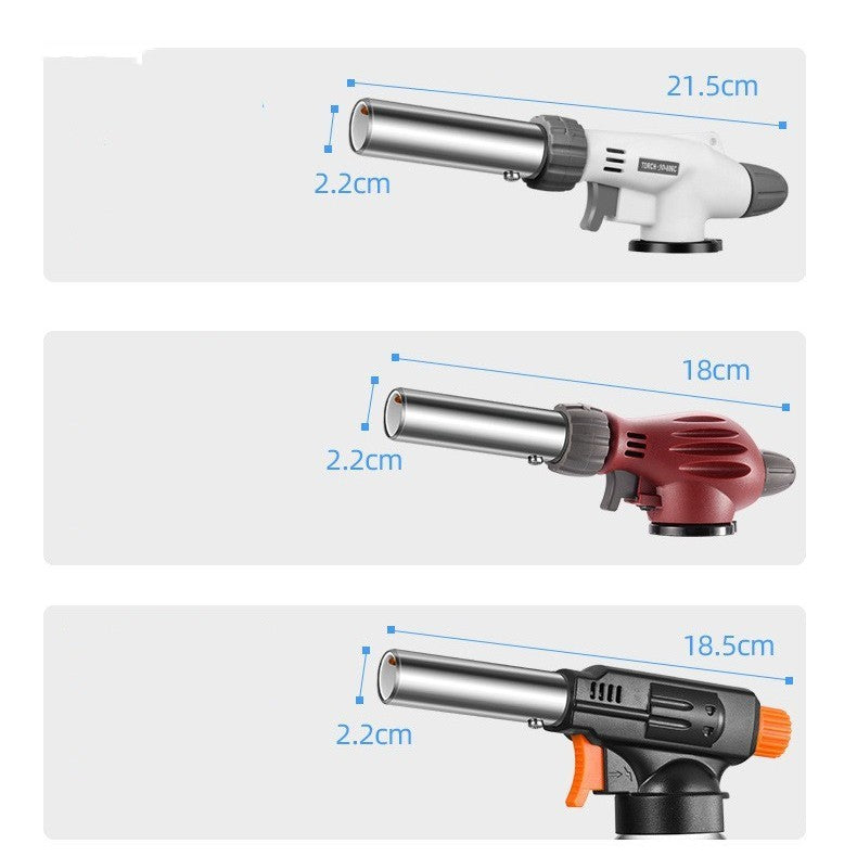 Three butane gas torches with measurements on a white background