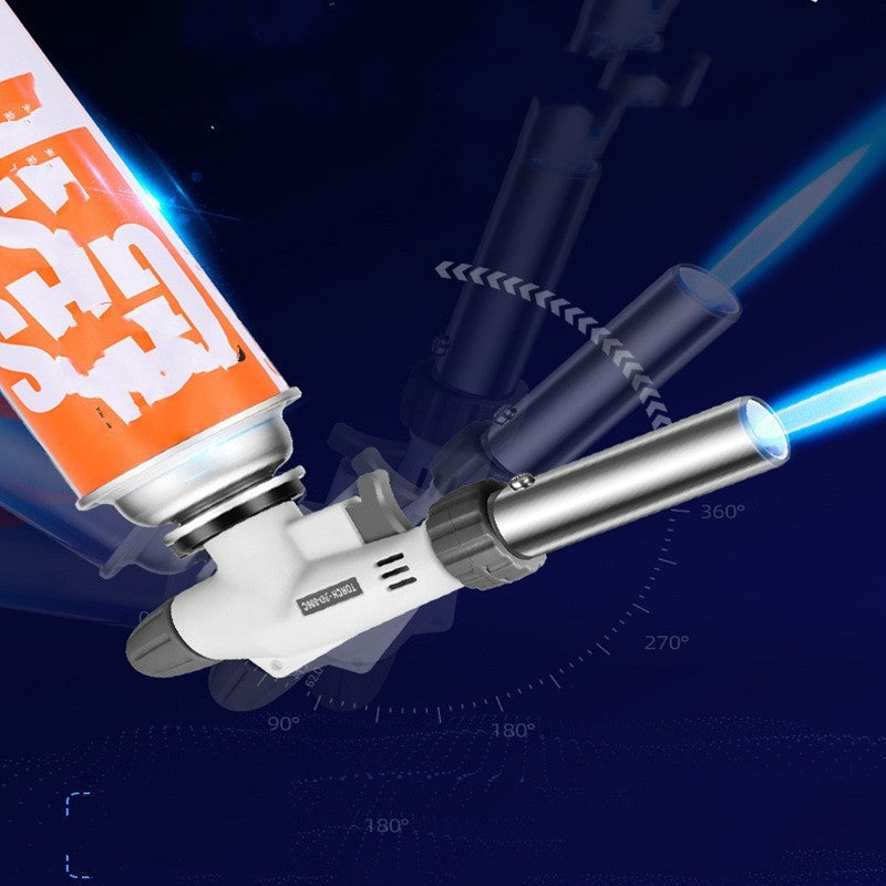 Butane torch with a can of butane on a dark blue background